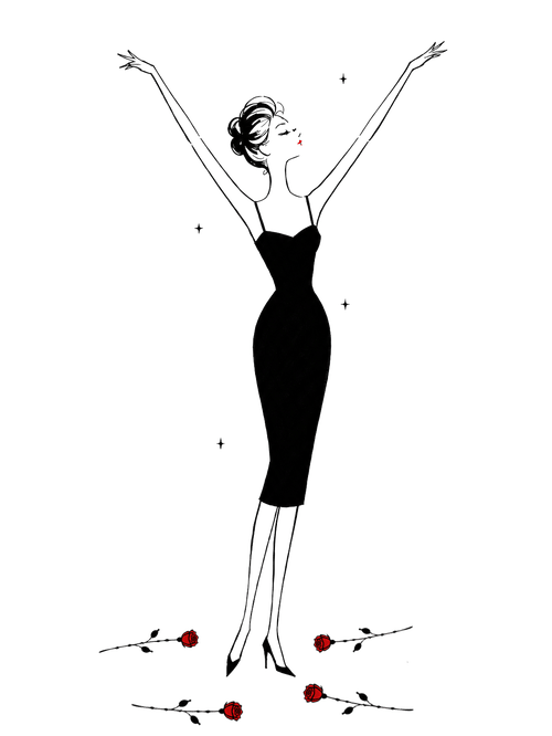 Illustration: woman taking a bow among roses